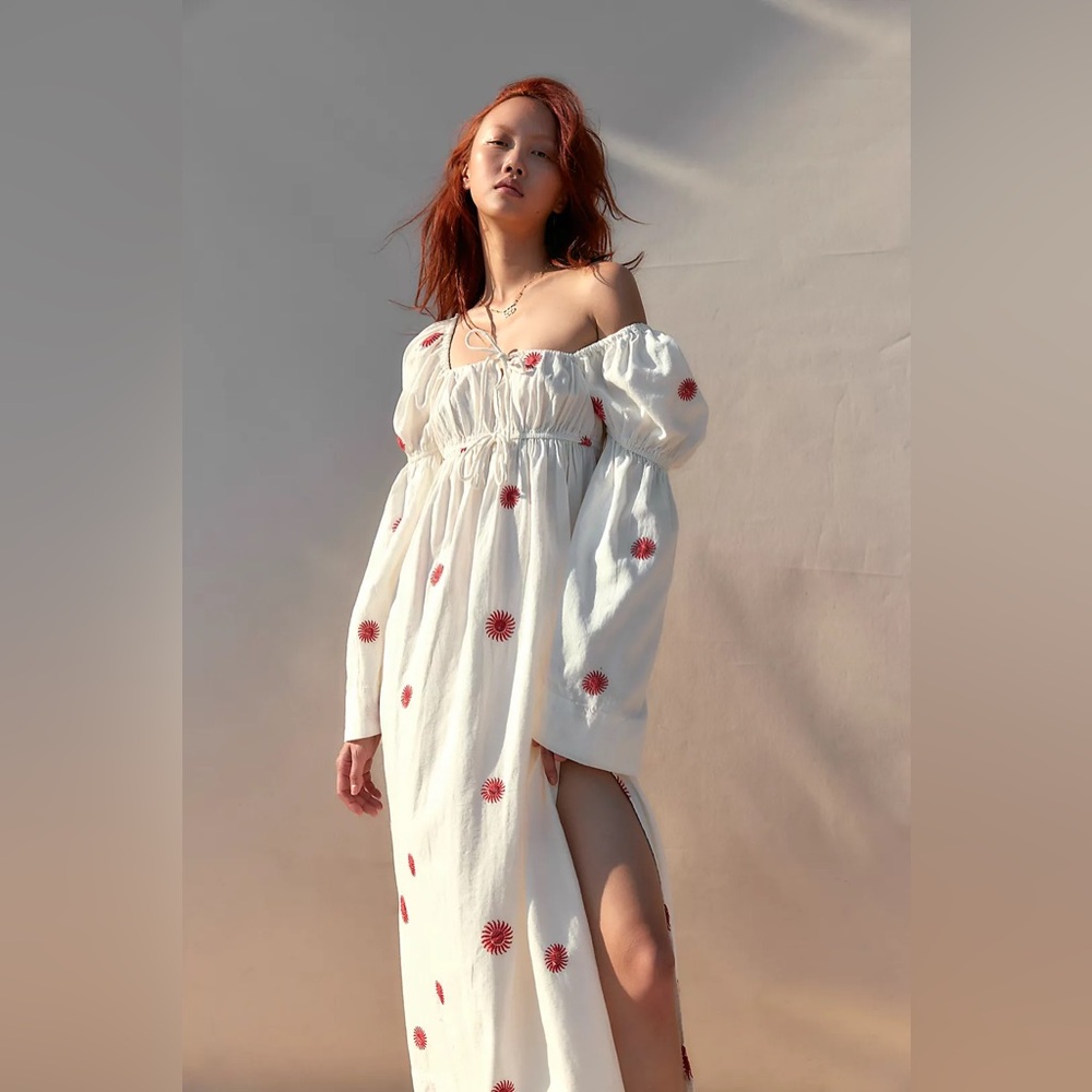 Free People NWOT Emory Embroidered Midi Dress White Red Embroidered XS